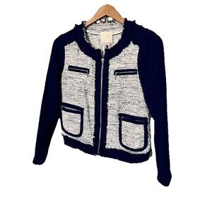 Rebecca Taylor Fringe-Trim Tweed Jacket Navy Blue Women's Sz 4 Zip Old Money
